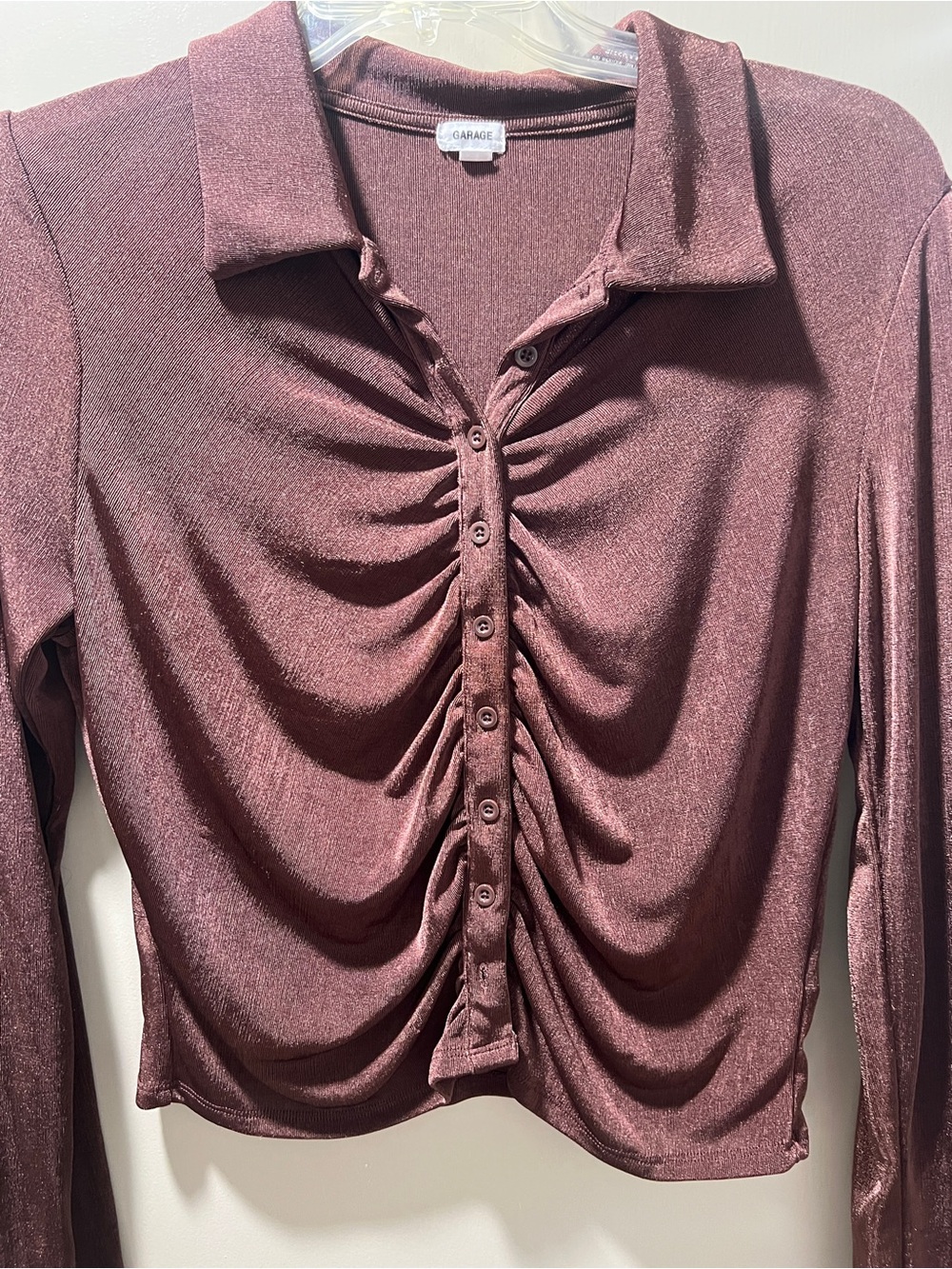 Garage Button-Front Ruched Collared Top - Burgundy